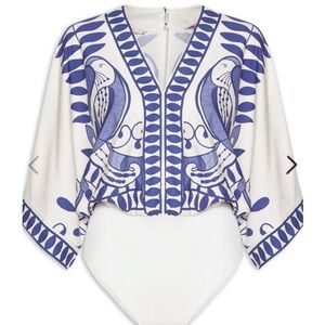 NWT FARM Rio Blue and White Patterned Bodysuit